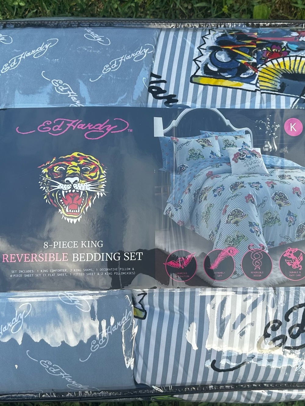 Ed Hardy 8 Piece King Reversible Bedding Set NIP Blue Floral Striped Comforter